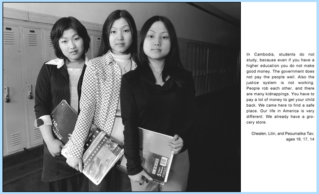 Black and white image of three Cambodian teens standing in front of high school lockers