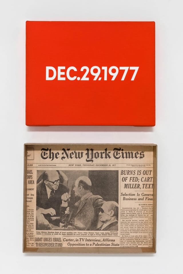 On Kawara, DEC. 29, 1977, “Thursday,” from the Today series, 1966–2013. Acrylic on canvas, 20.3 × 25.4 cm. Solomon R. Guggenheim Museum, New York. © One Million Years Foundation.