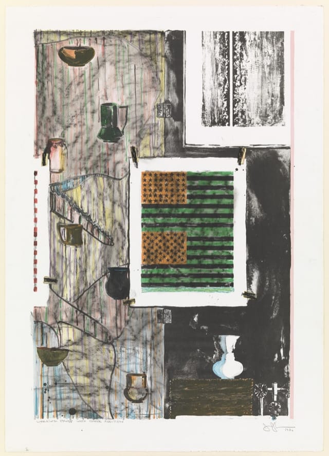 Jasper Johns, Ventriloquist, 1986. Lithograph with chalk additions, proof before the edition. Museum of Modern Art, New York, gift of the artist. © Jasper Johns / Licensed by VAGA at Artists Rights Society (ARS), NY.