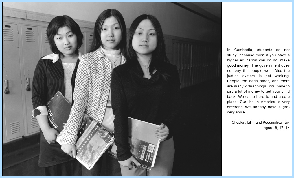 Black and white image of three Cambodian teens standing in front of high school lockers