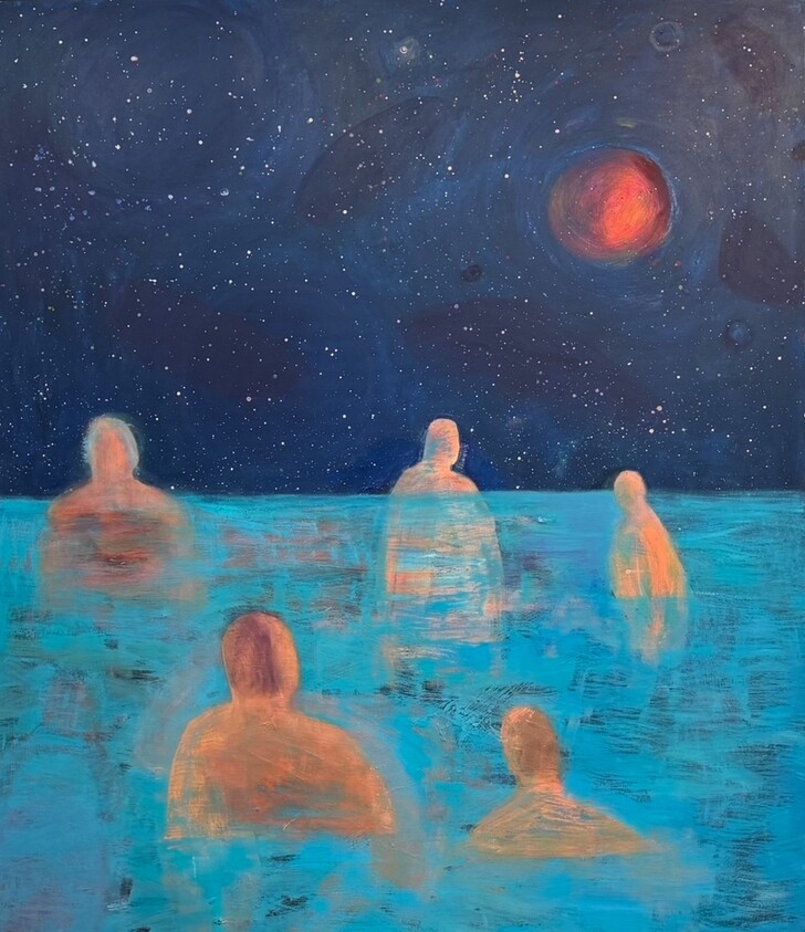 Katherine Bradford, Swimmers Under Orange Moon, 2025. Acrylic on canvas, 203.4 × 172.7 cm. Whitney Museum of American Art, New York; gift of Avo Samuelian and Hector Manuel Gonzalez. © Katherine Bradford.