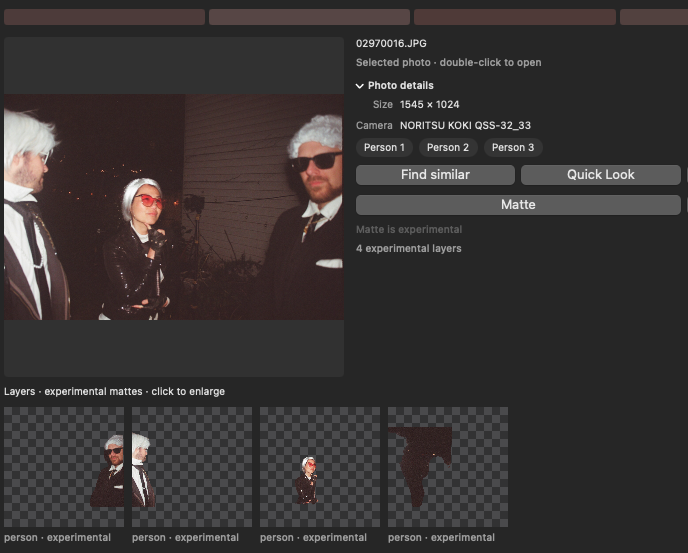 A photo of three costumed people whose details show chips Person 1, Person 2, and Person 3, above four separate person layers cut out on alpha checkerboards.