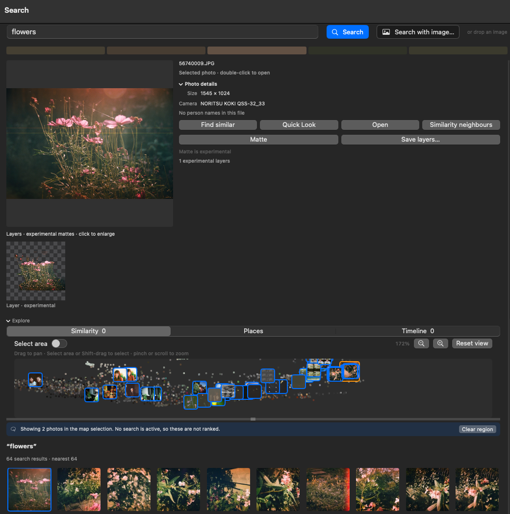 Search for "flowers" over a film-scan library: a ranked grid of pink cosmos photos, the selected photo open with its details and an experimental cutout layer, and the Similarity map expanded above the results.
